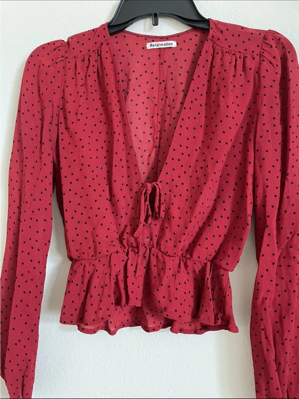 Reformation Red Polka Dot Holiday Cinched Waist long Bell sleeve top S